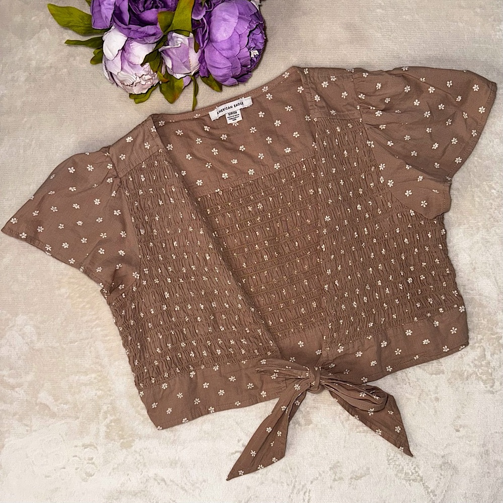 American Eagle Brown Floral Tie Front Crop Top